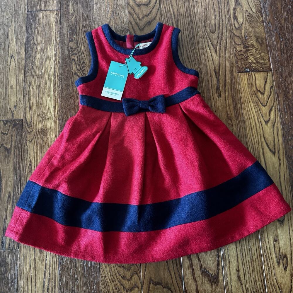 New NWT Little Girl's Christmas Dress 110 US 4T 5T Red Navy Wool Blend Bow Lined